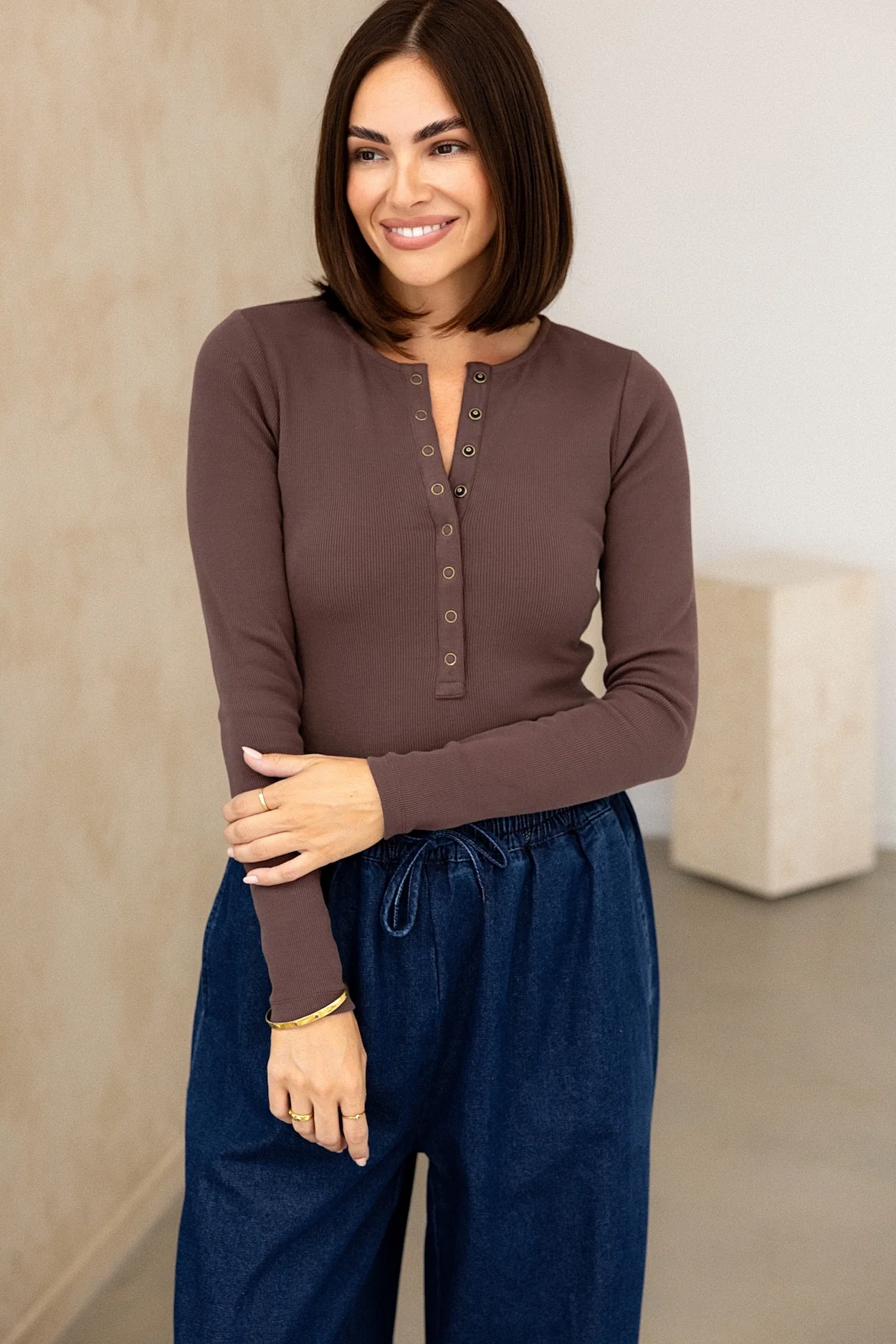 Comfort Rib Henley Long Sleeve - Truffle - Image 5